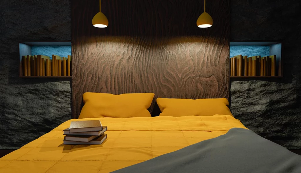 A bed in a room lit by two lamps