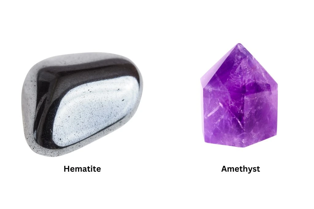 Hematite and Amethyst on a white background