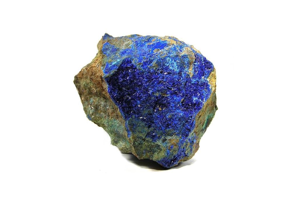 A Linarite crystal on a white background