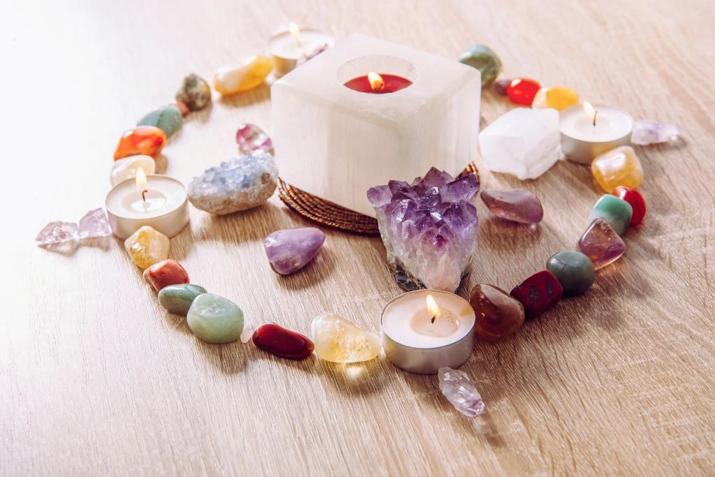A crystal grid of crystals on the floor