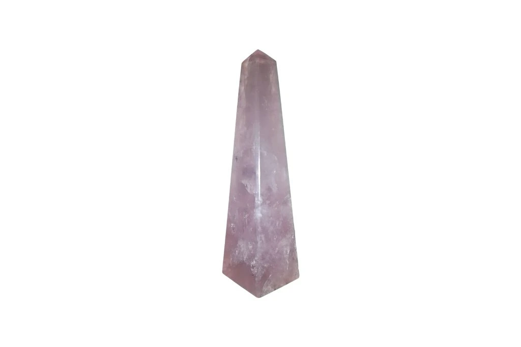 wand shape rose quartz on a white background