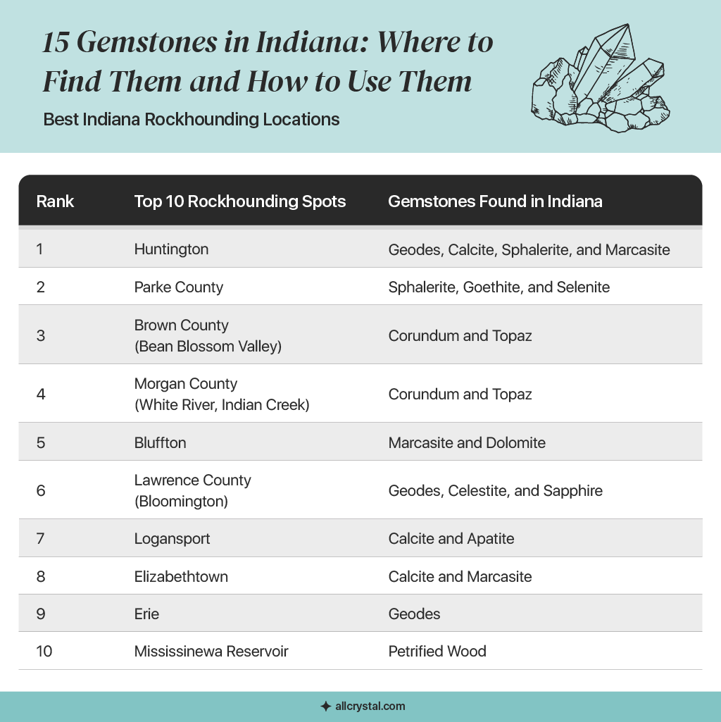 A graphic table containing information about Best Indiana Rockhounding Locations