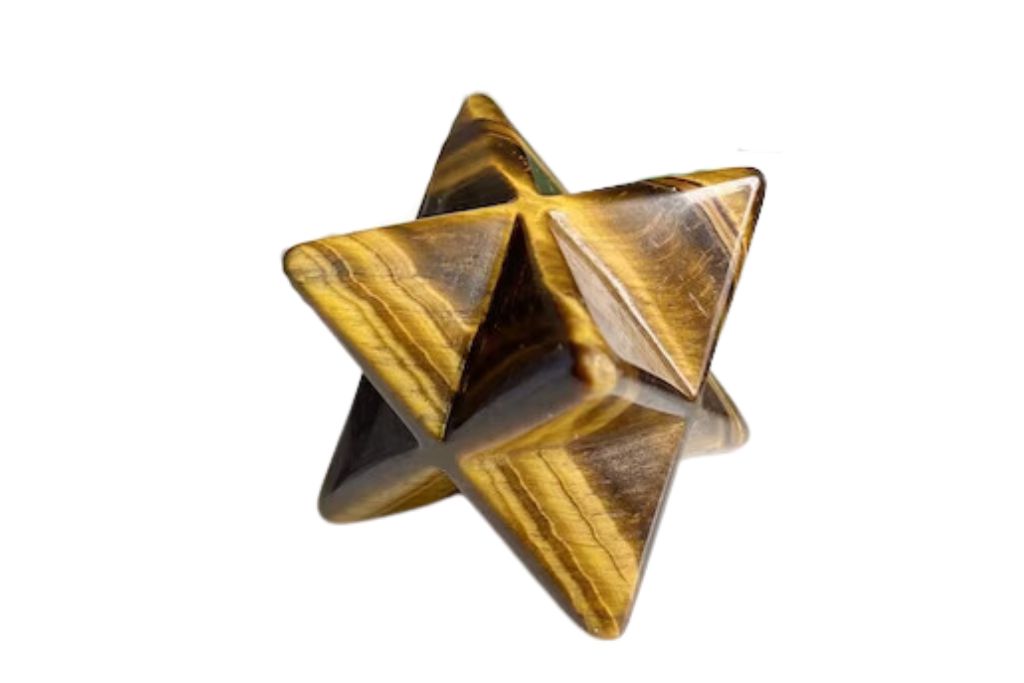 Merkaba star shaped Tiger’s Eye on a white background