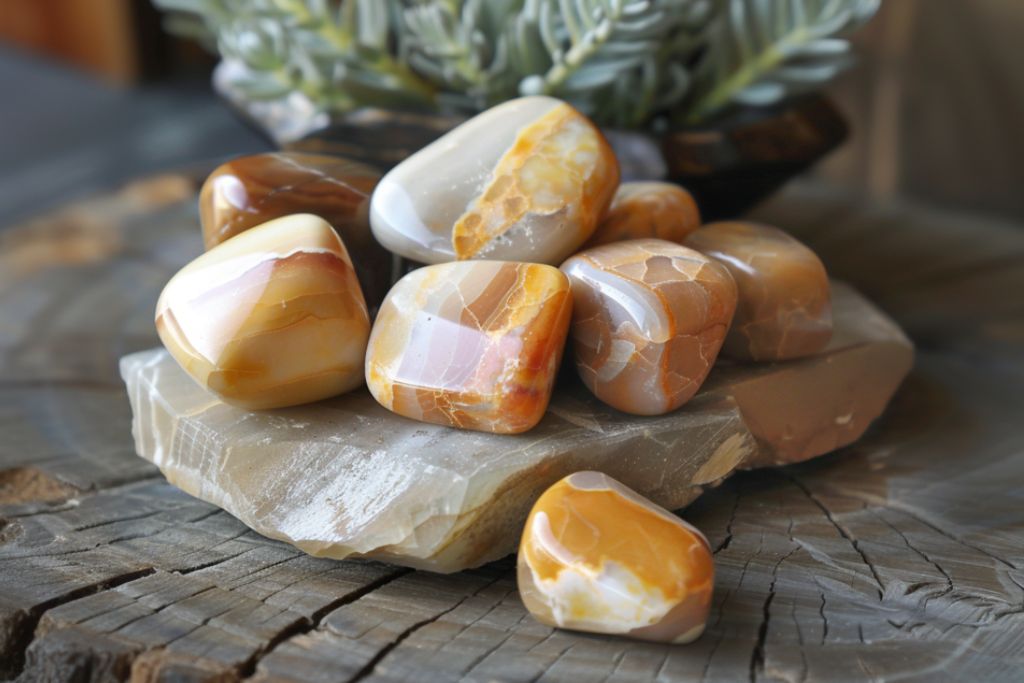polished owyhee jasper stones on top of marble slab