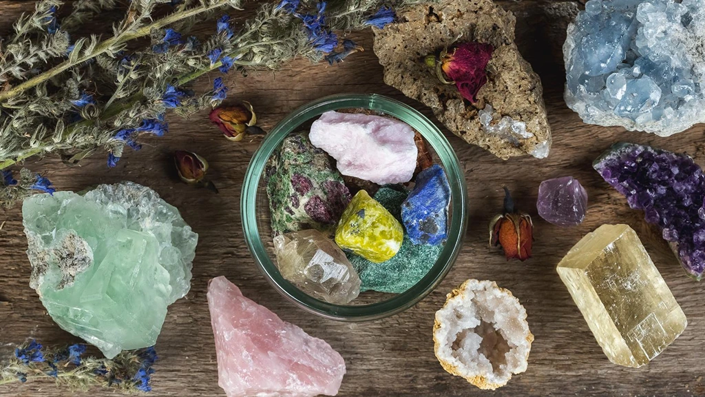 rose quartz on bowl together with other healing crystals
