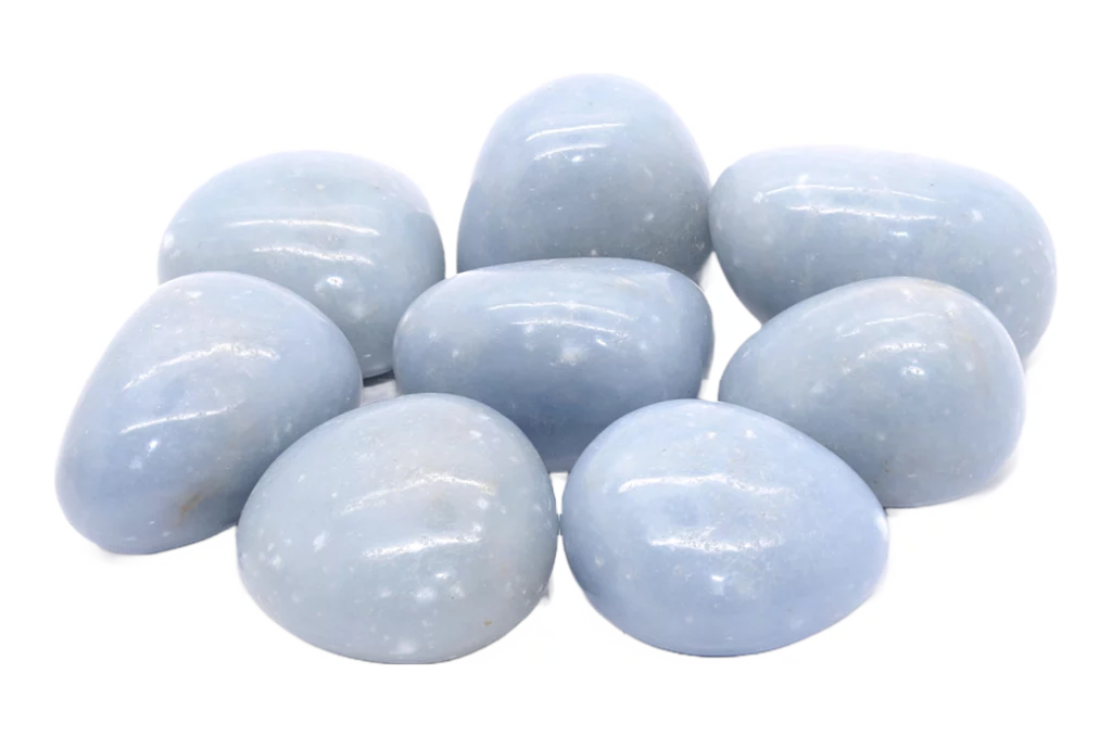 Angelite stones on a white background