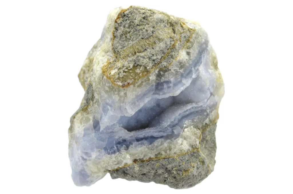 Blue lace agate stone on a white background