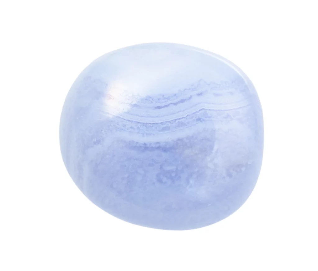 Blue lace agate polished stone on a white background