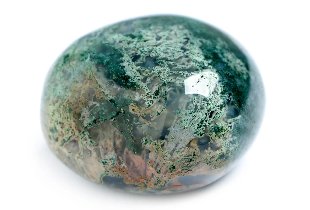 polished moss agate on a white background