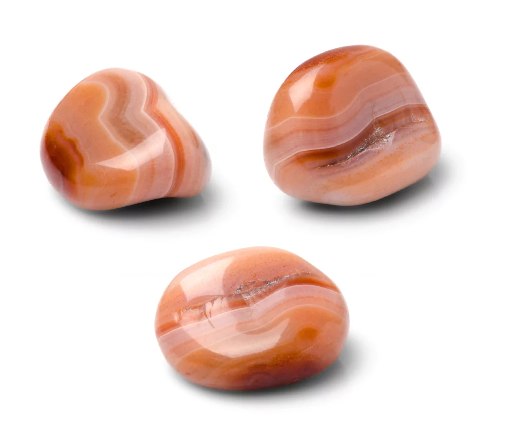 3 pieces of polished Sardonyx on a white background