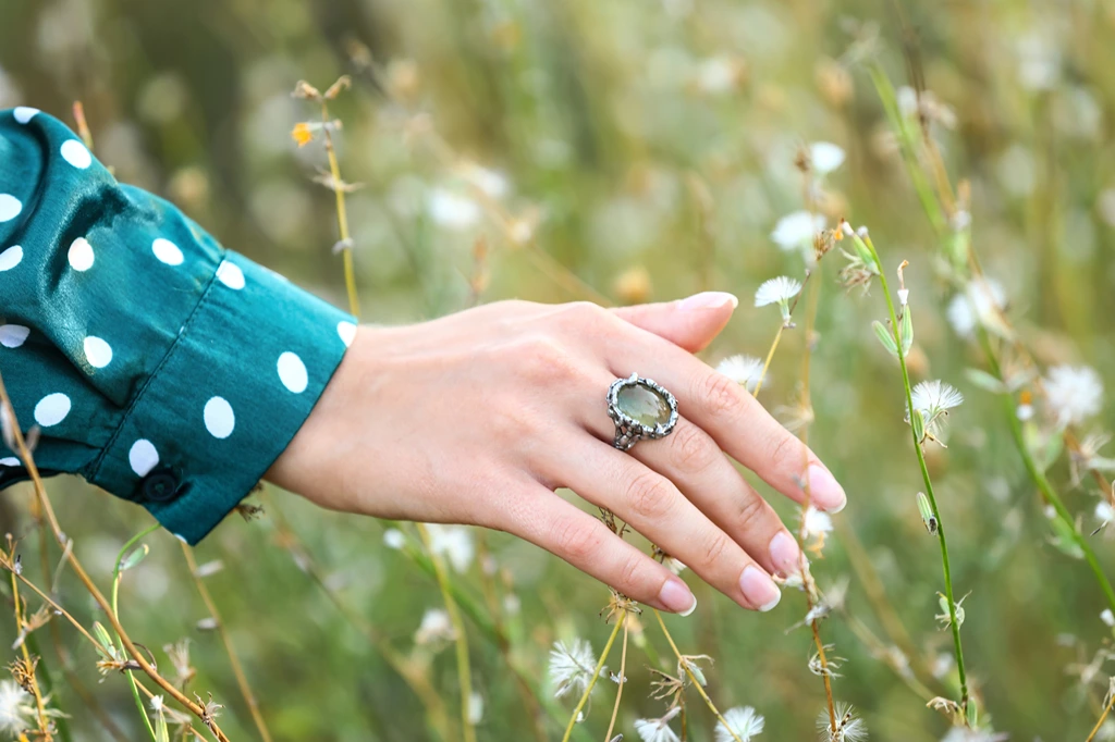 woman wearing Prehnite Healing Crystal Ring