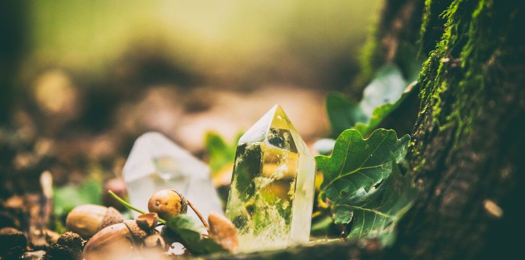 crystal on a bed of leaves