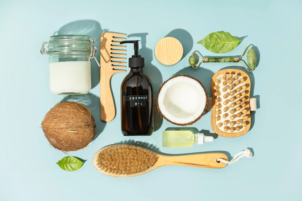 hair care products on a green background