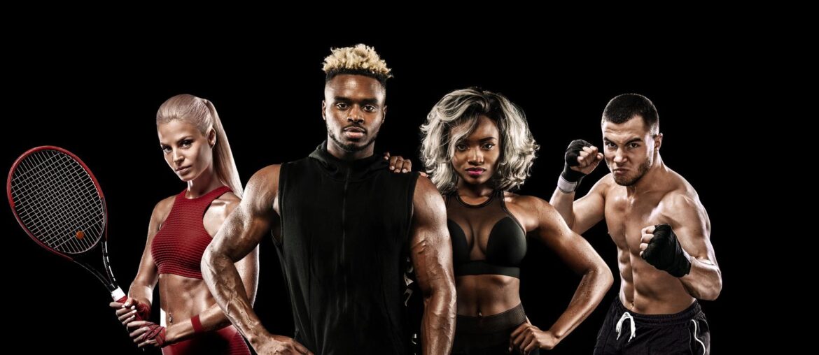 athletes posing on a black background