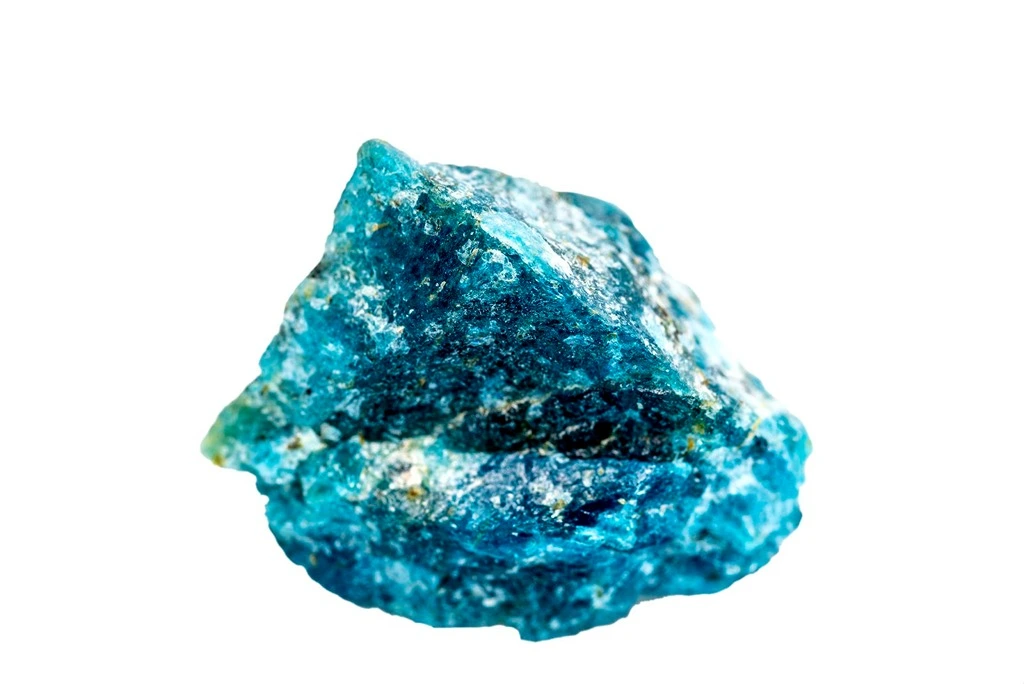 blue apatite chunk on a white background