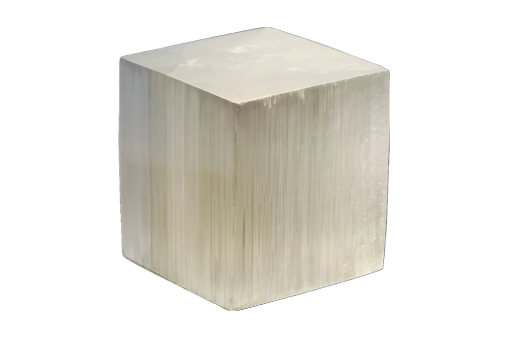selenite cube on a white background