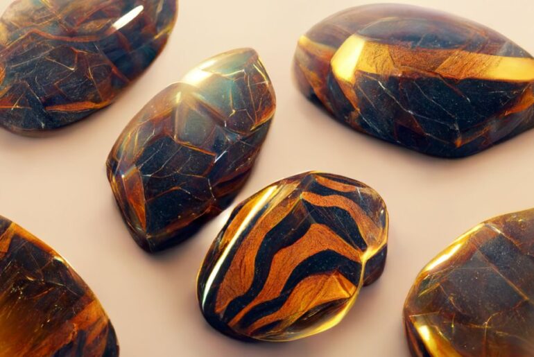 tiger's eye gems placed on top of light brown table