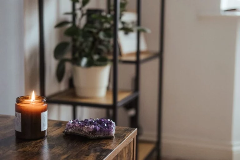 candle and crystal were placed above a table with a plant on a blurry background