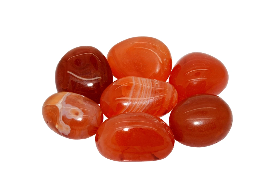 seven pieces of carnelian on a white background