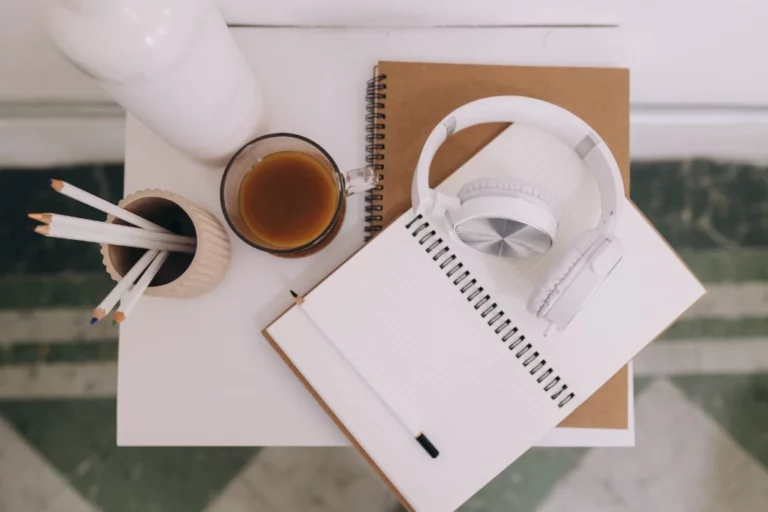 notebook and other study materials flatlay