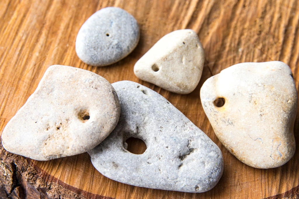 Hag stones placed on a wooden table