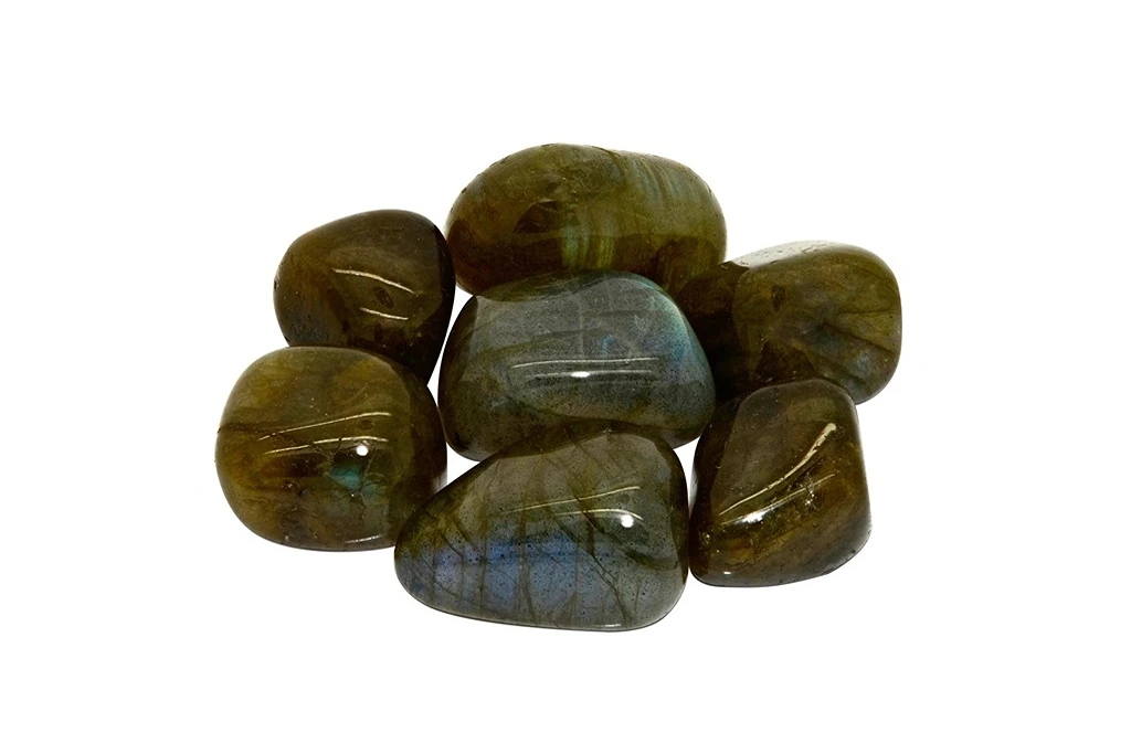 polished labradorite stones on white background