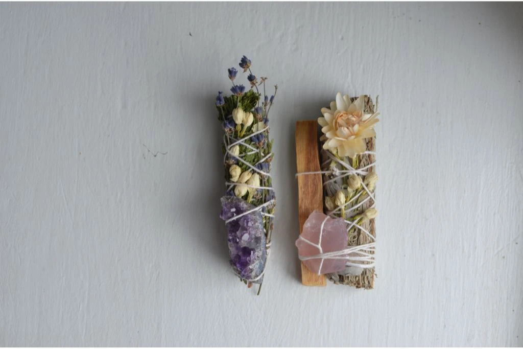 Sage Sticks with Dried Flowers and Crystals