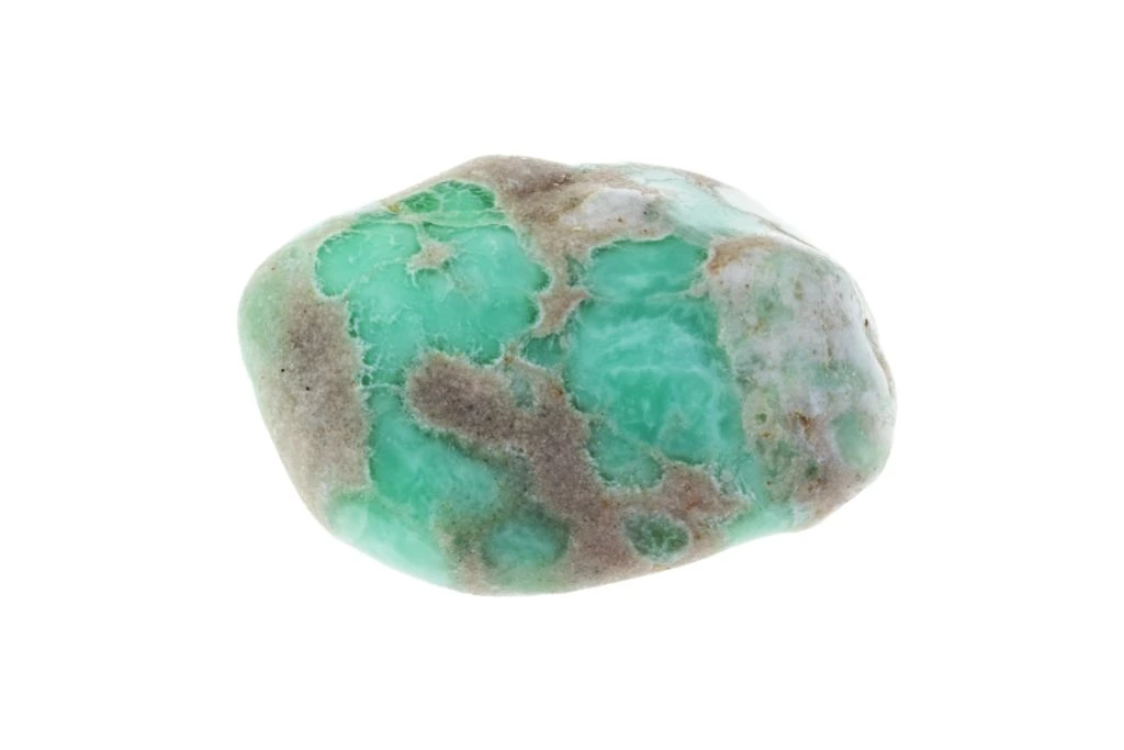 A Variscite crystal on a white background