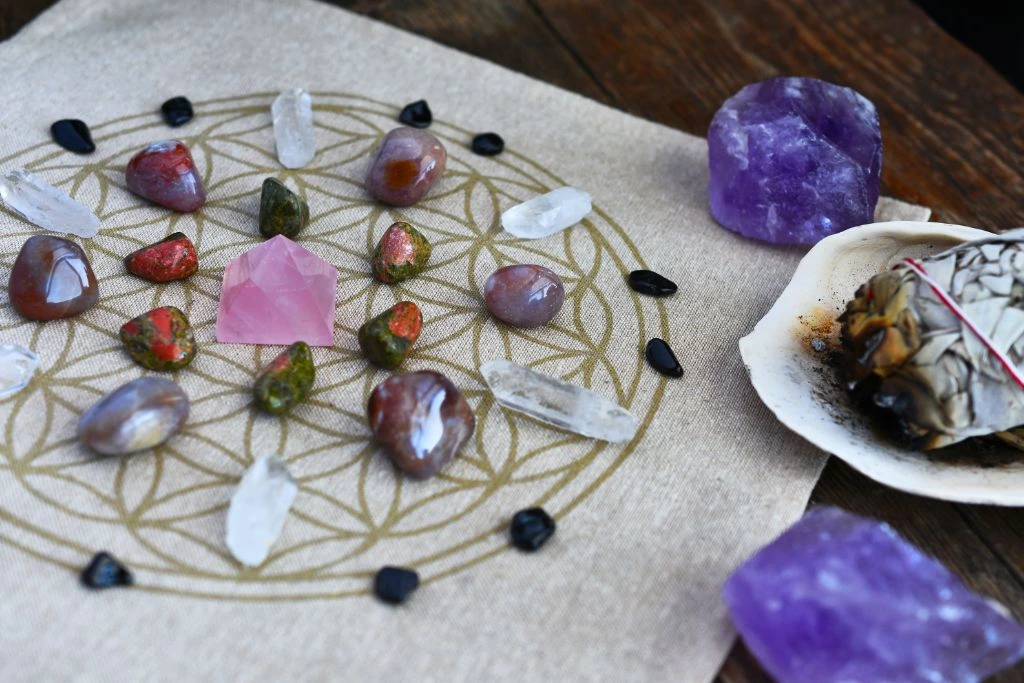 various crystals arranged on a crystal grid