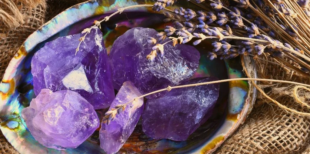 Amethyst Crystals are placed on an Abalone Shell that surrounded by a brown net with violet dry flowers on the upper right