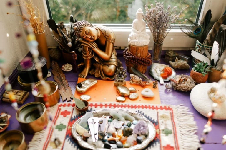 buddhist altar adorned with precious gemstones and singing bowls