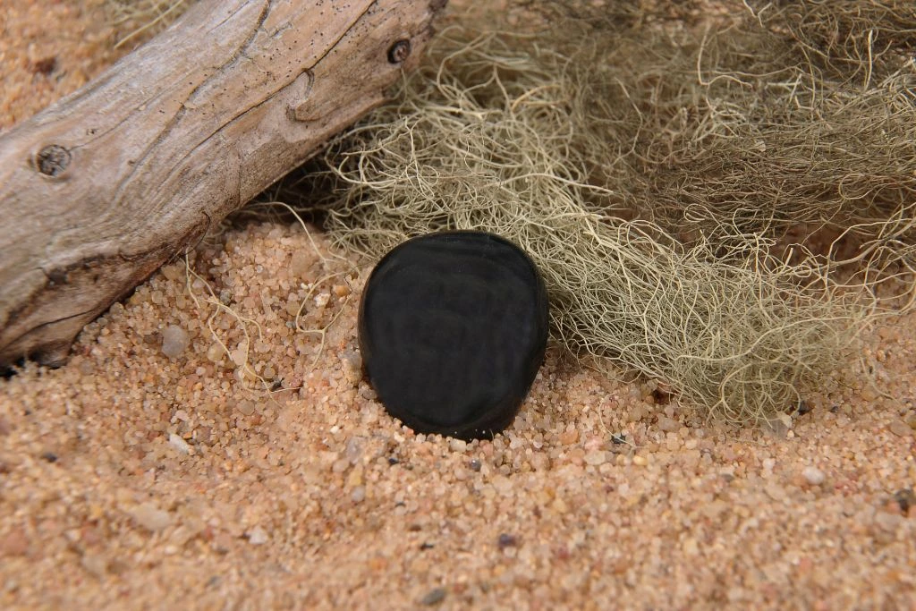polished obsidian stone on sand