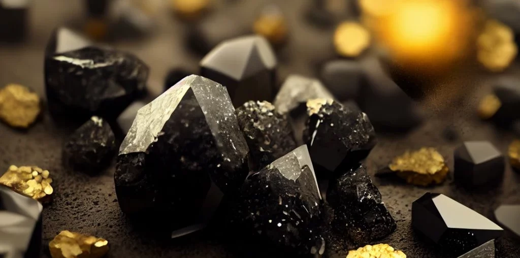 black obsidian together with gold nuggets placed on top of dark and rough surface