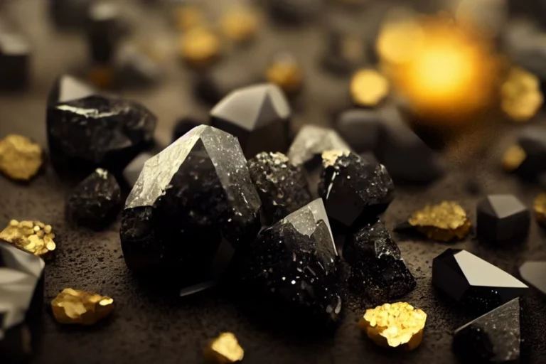 black obsidian together with gold nuggets placed on top of dark and rough surface