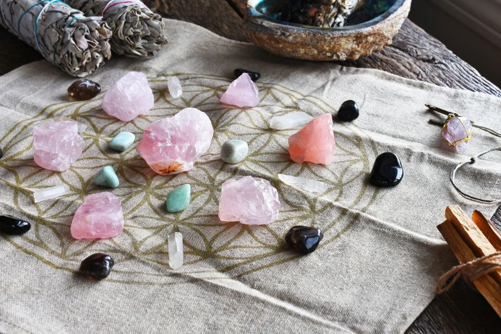 crystal grid with several pieces of healing crystals