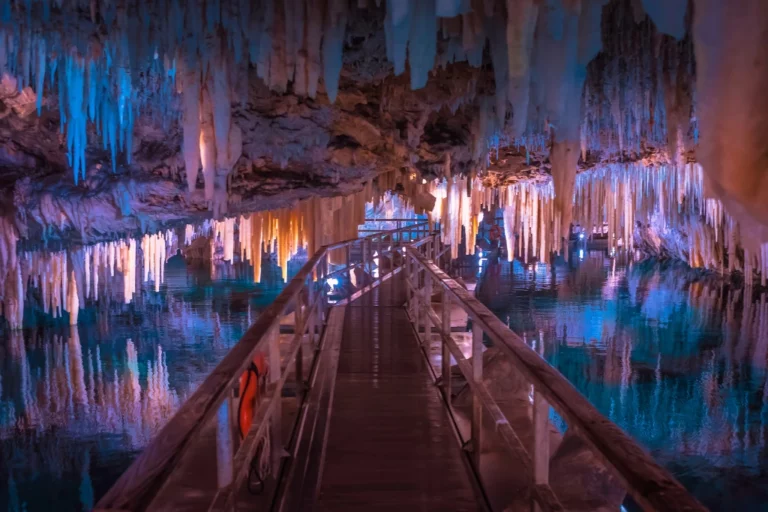 crystals showing on stone formations inside the cave