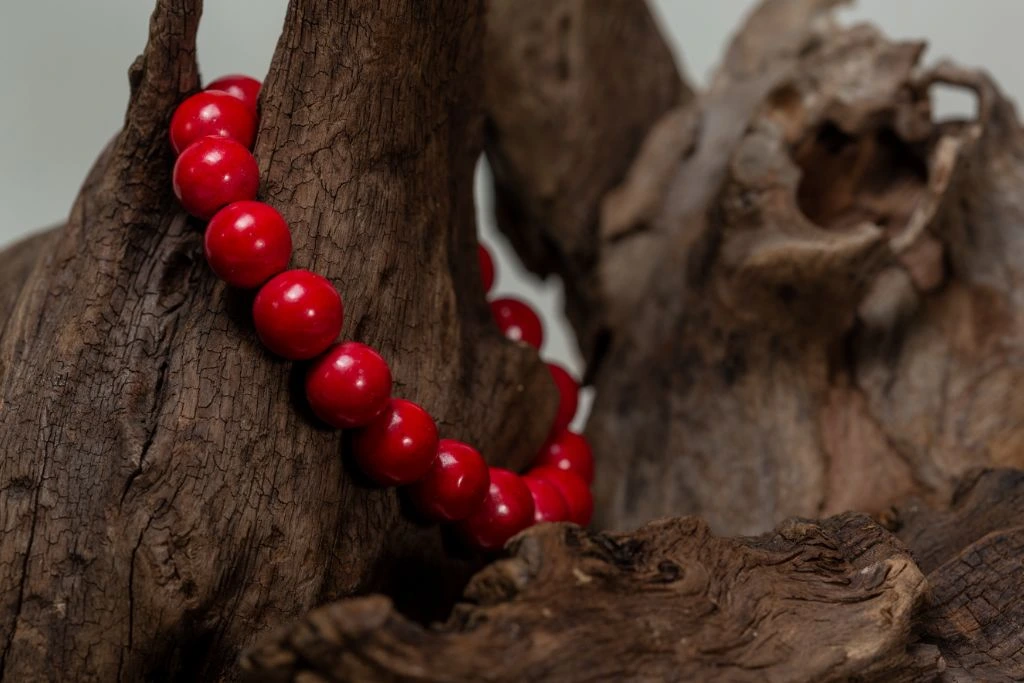red jasper stone bracelet on dry wood