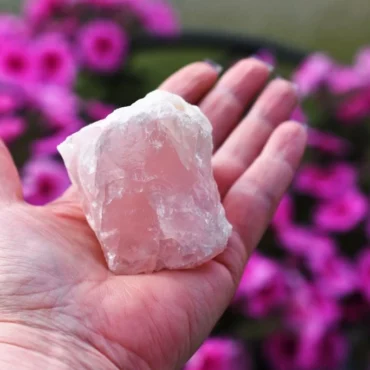 rose quartz on model's left hand with pink flower background