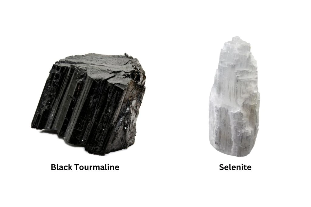 Black Tourmaline and Selenite on a white background