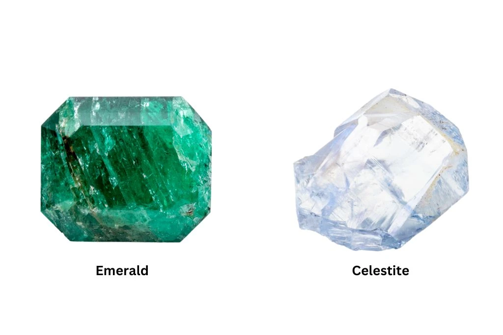 Emerald and Celestite on a white background