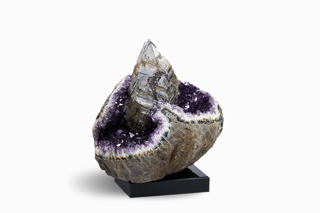 Calcite, Pyrite, and Goethite on Amethyst on white background