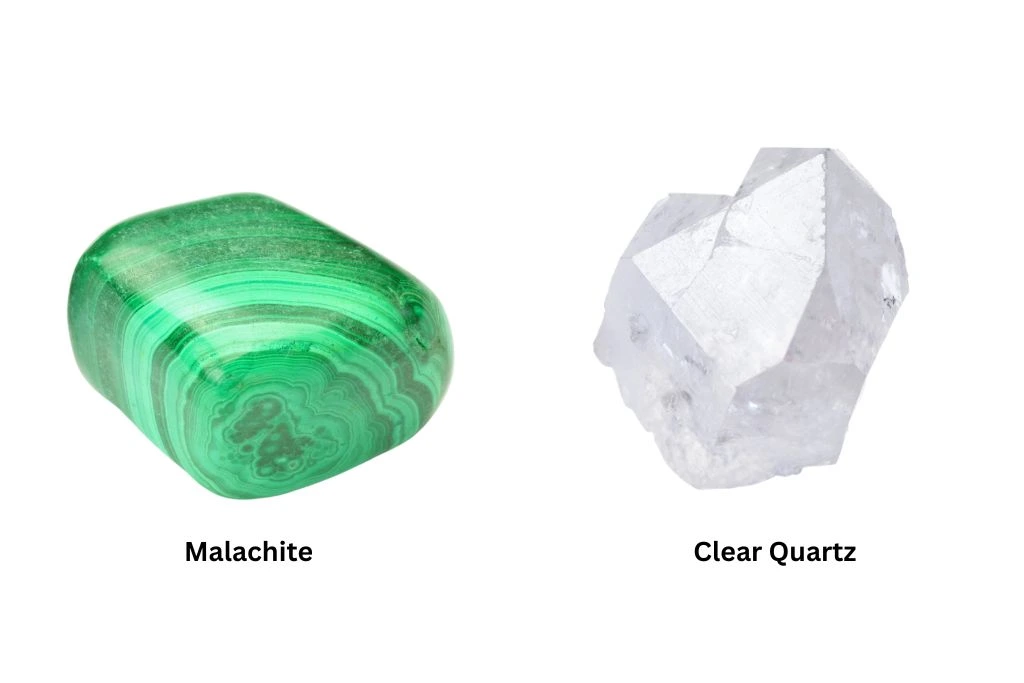 Malachite and Clear Quartz on a white background