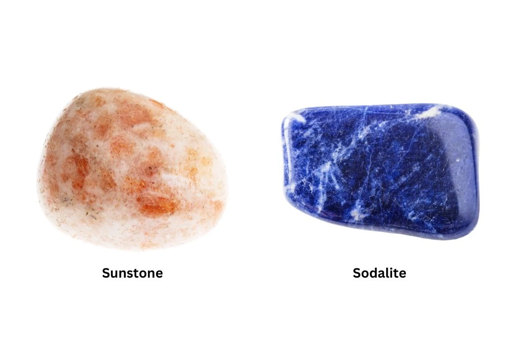 Sunstone and Sodalite on a white background