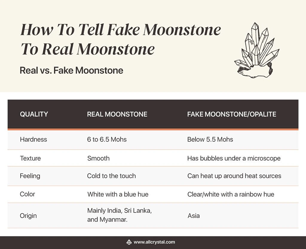 A graphic table for the comparison of a real moonstone vs a fake moonstone