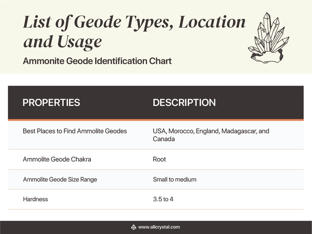 Design Table stating the properties and description of a Ammonite Geode