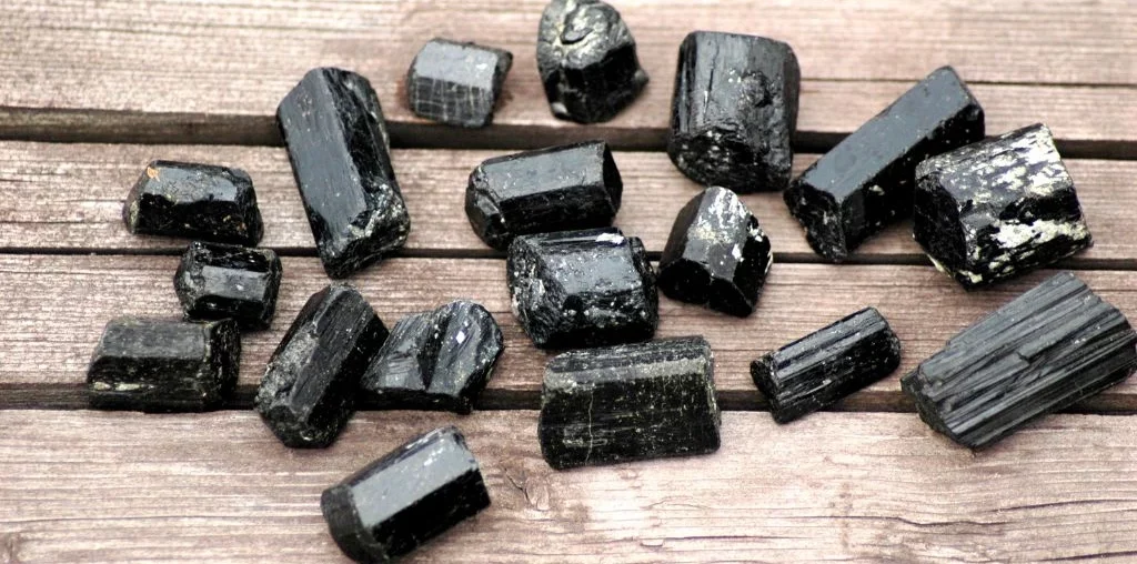 Black Tourmaline crystals on a table