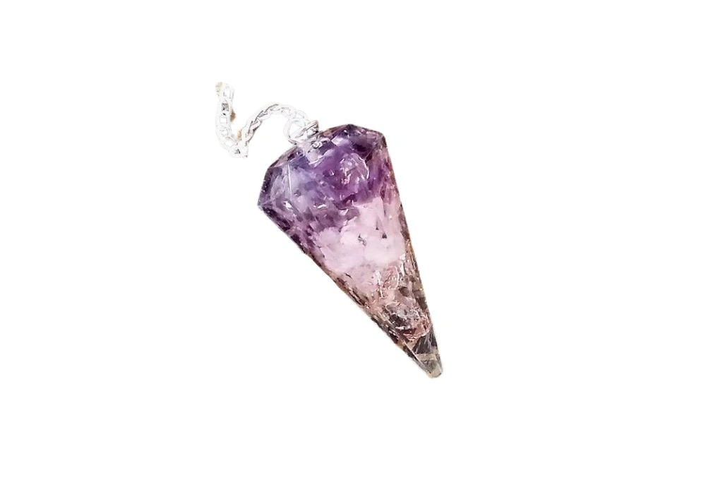 Orgone AMETHYST Rose Quartz Crystal Pendulums on a white background