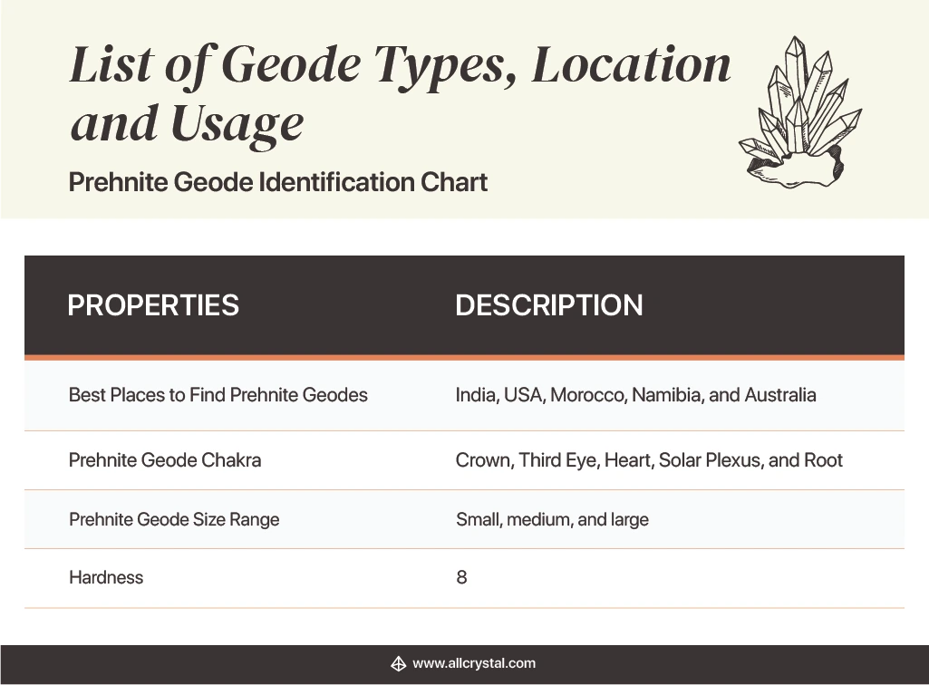 Design Table stating the properties and description of a Prehnite Geode