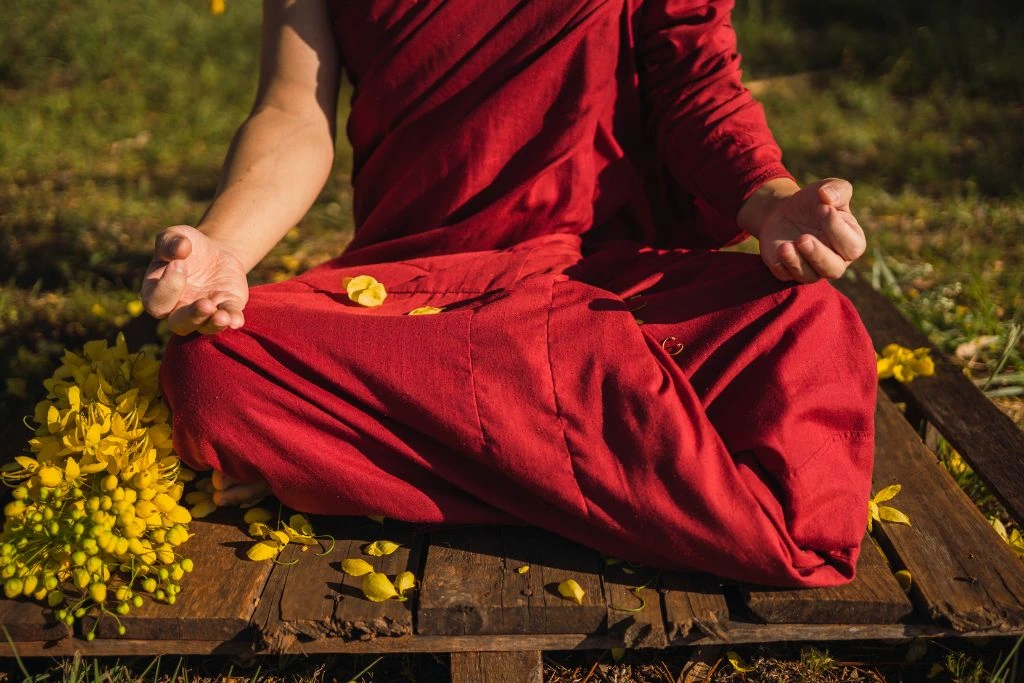 A monk sitting on wooden planks in nature