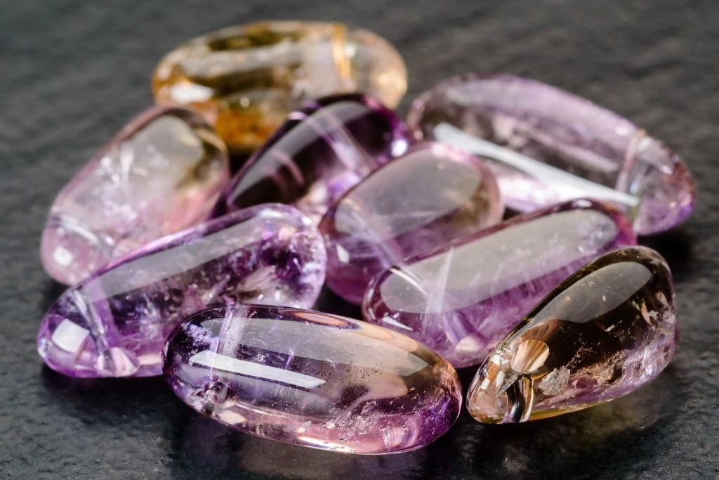 Ametrine crystals on a black background